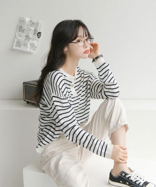 fd style（エフディ スタイル）の「【Chuzchuz】ボタンポイントボーダーニット（ニット/セーター・レディース・ブルー系その他/グリーン/アイボリー/ピンク・FREE）」の5枚目の写真