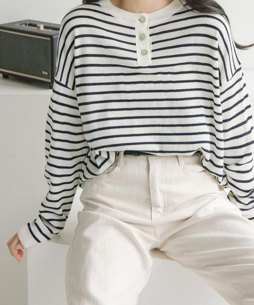 fd style（エフディ スタイル）の「【Chuzchuz】ボタンポイントボーダーニット（ニット/セーター・レディース・ブルー系その他/グリーン/アイボリー/ピンク・FREE）」の6枚目の写真