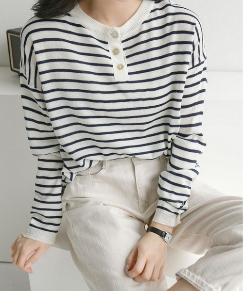 fd style（エフディ スタイル）の「【Chuzchuz】ボタンポイントボーダーニット（ニット/セーター・レディース・ブルー系その他/グリーン/アイボリー/ピンク・FREE）」の17枚目の写真