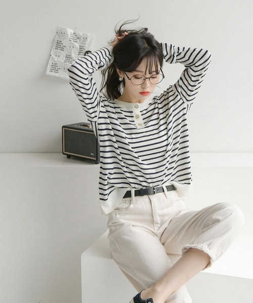 fd style（エフディ スタイル）の「【Chuzchuz】ボタンポイントボーダーニット（ニット/セーター・レディース・ブルー系その他/グリーン/アイボリー/ピンク・FREE）」の11枚目の写真