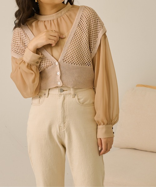 Ambre Neige(アンブルネージュ)の「メッシュニットベスト/【WEB/EC限定商品】(ベスト・レディース・ダークブラウン/ベージュ/アイボリー/ピンクベージュ・FREE)」の2枚目の写真