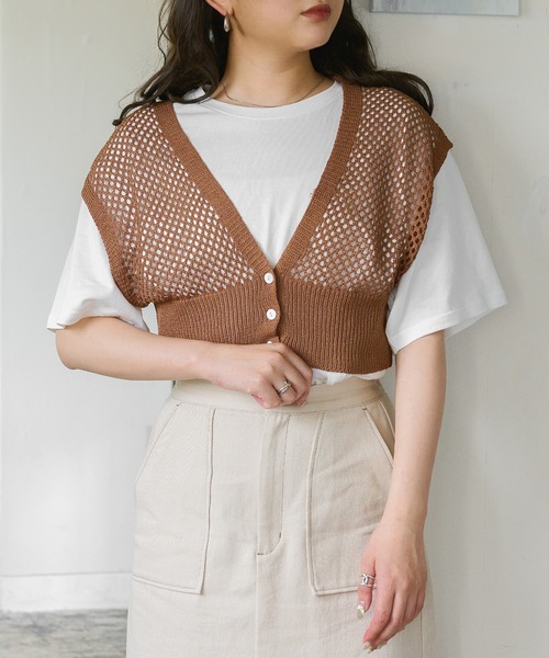 Ambre Neige(アンブルネージュ)の「メッシュニットベスト/【WEB/EC限定商品】(ベスト・レディース・ダークブラウン/ベージュ/アイボリー/ピンクベージュ・FREE)」の7枚目の写真