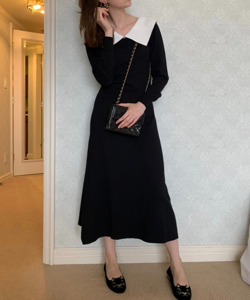 epine(エピヌ)の「collar design Vneck knit onepiece(ワンピース・レディース・ブラック/ベージュ・FREE/M-L)」の3枚目の写真