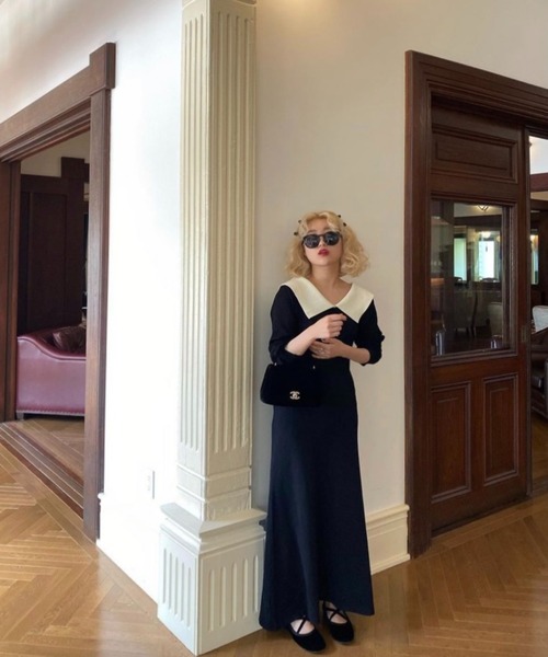 epine(エピヌ)の「collar design Vneck knit onepiece(ワンピース・レディース・ブラック/ベージュ・FREE/M-L)」の13枚目の写真