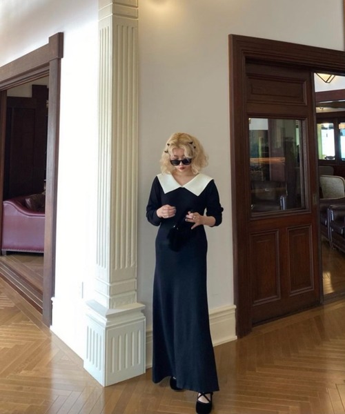 epine(エピヌ)の「collar design Vneck knit onepiece(ワンピース・レディース・ブラック/ベージュ・FREE/M-L)」の14枚目の写真