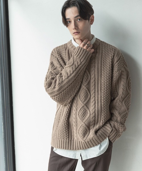 RAGEBLUE（レイジブルー）の「ケーブルニットクルー/236875（ニット/セーター・メンズ・アイボリー/ダークグレー/ブラウン/ベージュ/ライトグリーン/グリーン/オレンジ/イエロー・MEDIUM/LARGE）」の4枚目の写真
