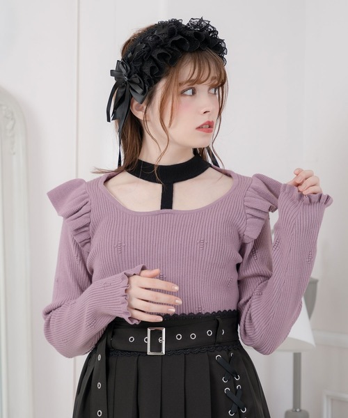 DearMyLove(ディアマイラブ)の「十字架リブチョーカーニットトップス(ニット/セーター・レディース・ブラック/ベビーピンク/ホワイト/パープル・LARGE/MEDIUM/XX-LARGE/X-LARGE)」の4枚目の写真