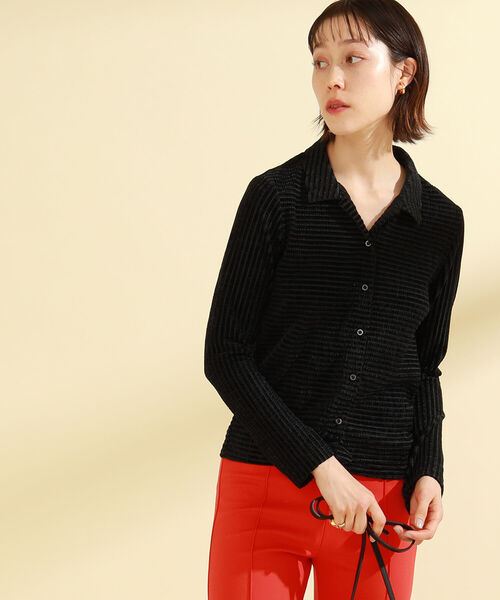 Ray BEAMS（レイビームス）の「Ray BEAMS / ベロア ボーダー シャツ（シャツ/ブラウス・レディース・ブラック/レッド系その他・ONE SIZE）」の3枚目の写真
