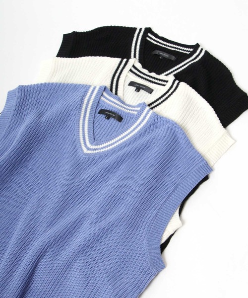 Salong hameu(サロン ハミュー)の「ラインVネックニットベスト メンズ レディース ユニセックス(ベスト・メンズ・ホワイト/ブラック/グリーン/ラベンダー・M/L)」の7枚目の写真