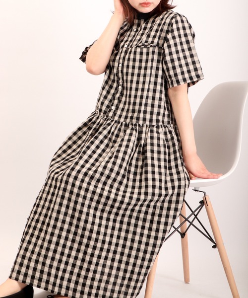 セール Ubasoku 体型カバー バンドカラーウエストギャザー ギンガムチェック半袖ワンピース ワンピース Ubasoku ウバソク のファッション通販 Zozotown