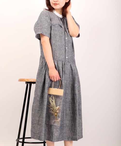 美品 ubasoku リネン バンドカラー ウエストギャザー チェックワンピ ubasoku（ウバソク）の「ubasoku 体型カバー バンドカラーウエスト
