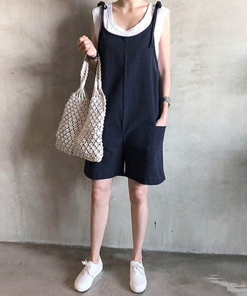 Girly Doll（ガーリードール）の「リボンキャミソールショート丈サロペット（サロペット/オーバーオール・レディース・ブラック/ネイビー/モカ・F）」の14枚目の写真