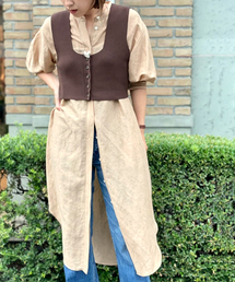 ポリエステルリネンパフスリーブワンピース