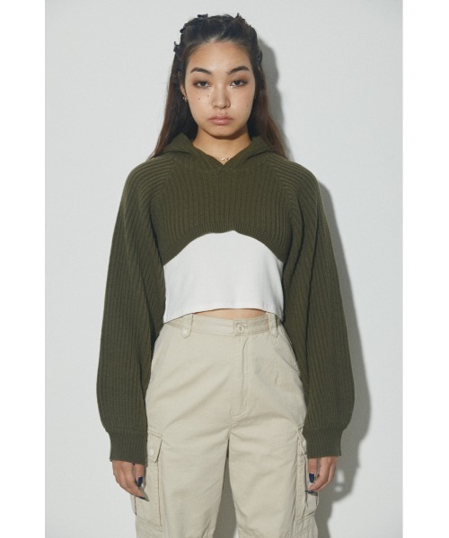 LAGUA GEM（ラグアジェム）の「SHORT HOODIE KNIT ショートフードニット（ニット/セーター・レディース・ブラック/グレー/カーキ/ブルー・FREE）」の12枚目の写真