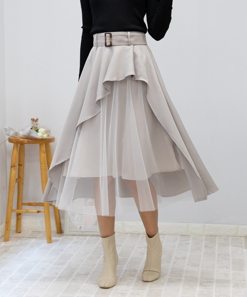 pumpkin port（パンプキンポート）の「チュール使い アシンメトリー スカート（スカート・レディース・カーキ/ブラック/グレー/ブラウン/ベージュ/ブルー/ピンク/チャコールグレー/ブラック×ホワイト・MEDIUM/LARGE/S/L/M）」の6枚目の写真