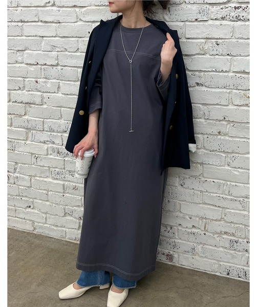 PUAL CE CIN（ピュアルセシン）の「オーガニックコットン配色ステッチワンピース（ワンピース・レディース・チャコールグレー/ナチュラル・FREE）」の5枚目の写真