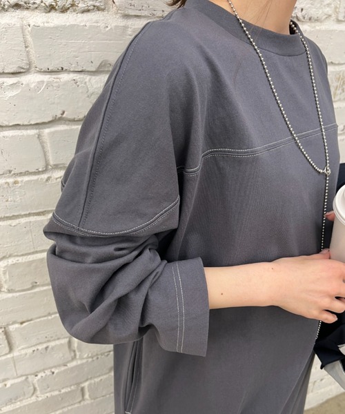 PUAL CE CIN（ピュアルセシン）の「オーガニックコットン配色ステッチワンピース（ワンピース・レディース・チャコールグレー/ナチュラル・FREE）」の7枚目の写真