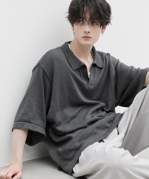 ASTRONOMY(アストロノミー)の「ウォッシャブル半袖スキッパーサマーニットポロシャツ(ポロシャツ・メンズ・ライトグレー/ネイビー/チャコール/ベージュ/オフホワイト/ブルー/ブラック・L/M/S/XL)」の5枚目の写真