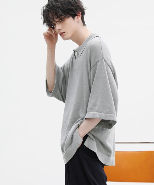 ASTRONOMY(アストロノミー)の「ウォッシャブル半袖スキッパーサマーニットポロシャツ(ポロシャツ・メンズ・ライトグレー/ネイビー/チャコール/ベージュ/オフホワイト/ブルー/ブラック・L/M/S/XL)」の4枚目の写真