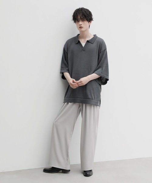 ASTRONOMY(アストロノミー)の「ウォッシャブル半袖スキッパーサマーニットポロシャツ(ポロシャツ・メンズ・ライトグレー/ネイビー/チャコール/ベージュ/オフホワイト/ブルー/ブラック・L/M/S/XL)」の11枚目の写真