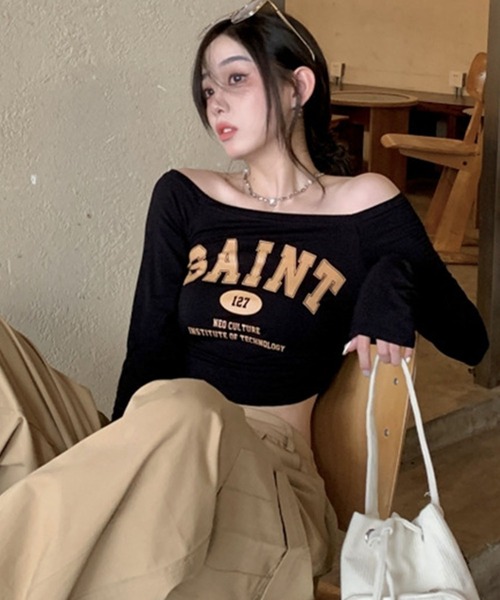 セール】ロゴプリントオフショルショート丈ロンT（Tシャツ