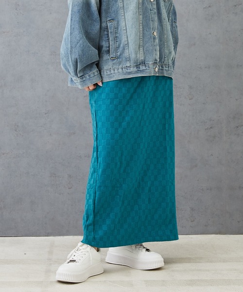 CUBE SUGAR(キューブシュガー)の「ブロック柄ニットソーナロースカート(スカート・レディース・ブラウン/ブルー/ブラック/パープル・M)」の1枚目の写真