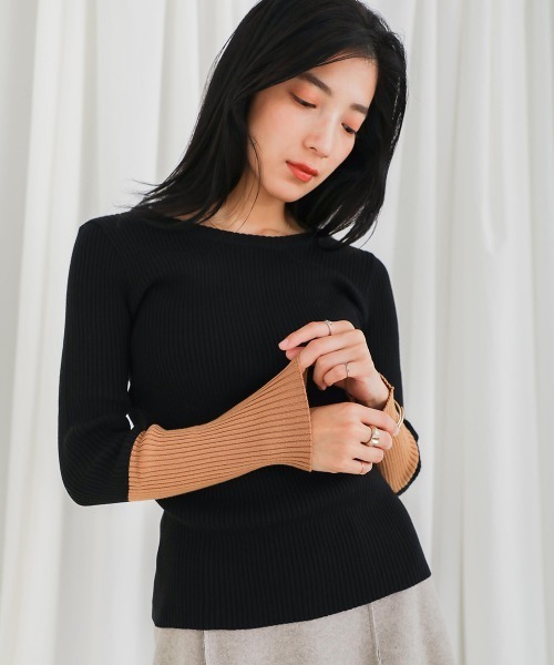 Bou Jeloud（ブージュルード）の「バイカラースリーブリブニットプルオーバー（ニット/セーター・レディース・ブラック/アイボリー/グレー/ネイビー・FREE）」の3枚目の写真