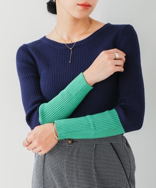 Bou Jeloud（ブージュルード）の「バイカラースリーブリブニットプルオーバー（ニット/セーター・レディース・ブラック/アイボリー/グレー/ネイビー・FREE）」の15枚目の写真