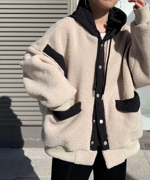 wee9s（ウィークス）の「quilting hoodie boa blouson / キルティングフーディーボアブルゾン（ブルゾン・レディース・ブラック/カーキ・FREE）」の3枚目の写真