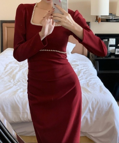 a lot of love（ア ロット オブ ラブ）の「スクエアネックリングワンピース（ワンピース・レディース・ボルドー/ブラック/オフホワイト/ピンク・S/L/M）」の4枚目の写真