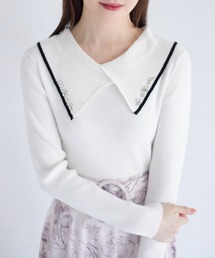 パールビジュー付き配色ライン入りビックカラーリブニットプルオーバー