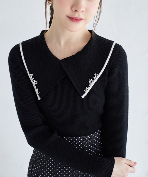 tocco closet（トッコ　クローゼット）の「パールビジュー付き配色ライン入りビックカラーリブニットプルオーバー（ニット/セーター・レディース・オフホワイト/ブラック・M）」の9枚目の写真