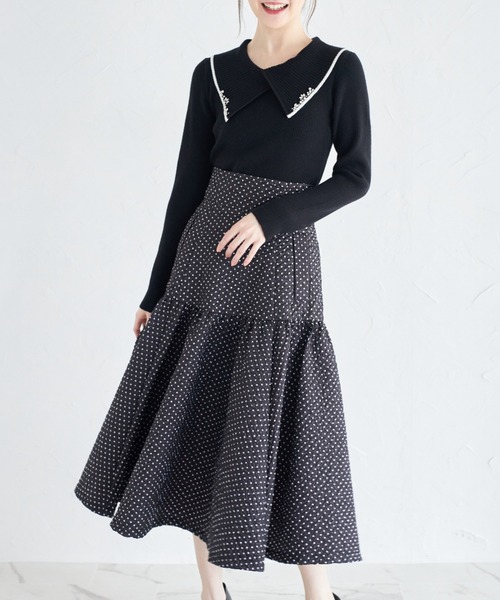 tocco closet（トッコ　クローゼット）の「パールビジュー付き配色ライン入りビックカラーリブニットプルオーバー（ニット/セーター・レディース・オフホワイト/ブラック・M）」の12枚目の写真