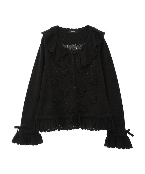 【美品】ピンクハウス 黒系 アップルブロッサムシリーズ ニットジャケット セール】 コンパクトデニムフリルジャケット （Gジャン・デニム