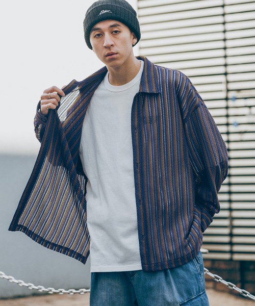 RAGEBLUE（レイジブルー）の「透かし編み/総柄メッシュルーズシャツ（シャツ/ブラウス・メンズ・ブラウン/ネイビー/パープル/オリーブ・MEDIUM/LARGE）」の4枚目の写真