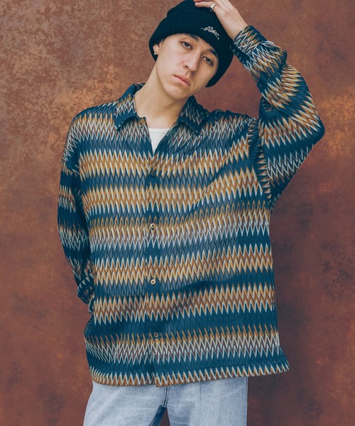 RAGEBLUE（レイジブルー）の「透かし編み/総柄メッシュルーズシャツ（シャツ/ブラウス・メンズ・ブラウン/ネイビー/パープル/オリーブ・MEDIUM/LARGE）」の3枚目の写真