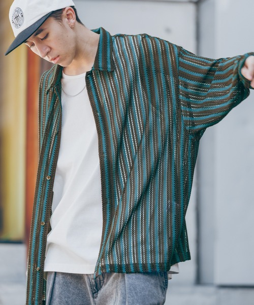 RAGEBLUE（レイジブルー）の「透かし編み/総柄メッシュルーズシャツ（シャツ/ブラウス・メンズ・ブラウン/ネイビー/パープル/オリーブ・MEDIUM/LARGE）」の2枚目の写真