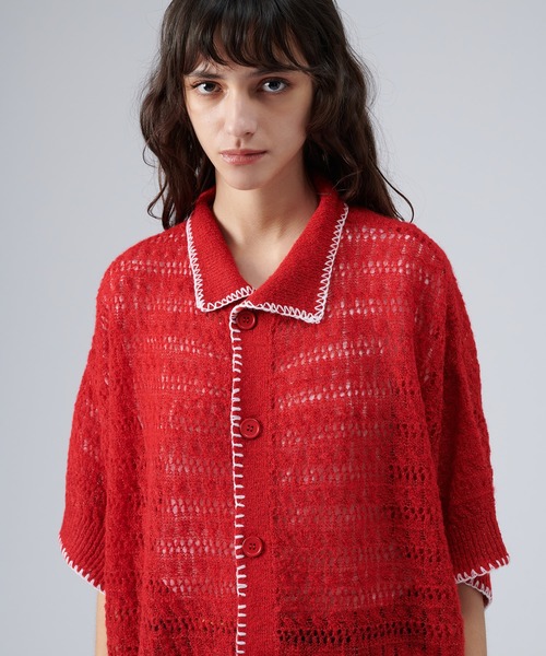 ONCILY（オンシェリー）の「STITCH MESH MELANGE KNIT SHIRT / ステッチメッシュメランジニットシャツ（シャツ/ブラウス・メンズ・グリーン/ブルー/レッド・MEDIUM/LARGE）」の3枚目の写真