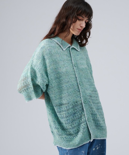 ONCILY（オンシェリー）の「STITCH MESH MELANGE KNIT SHIRT / ステッチメッシュメランジニットシャツ（シャツ/ブラウス・メンズ・グリーン/ブルー/レッド・MEDIUM/LARGE）」の4枚目の写真