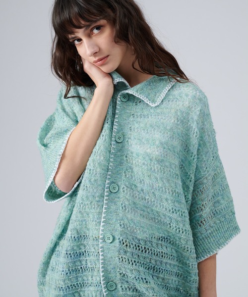 ONCILY（オンシェリー）の「STITCH MESH MELANGE KNIT SHIRT / ステッチメッシュメランジニットシャツ（シャツ/ブラウス・メンズ・グリーン/ブルー/レッド・MEDIUM/LARGE）」の6枚目の写真