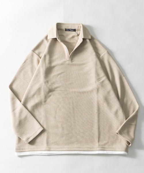 NYLAUS（ナイラス）の「レギュラーフィット 変わり編み フェイクレイヤード スキッパーポロシャツ（ポロシャツ・メンズ・ブルーグレー/ベージュ/チャコール/ネイビー・L/LL/M）」の3枚目の写真
