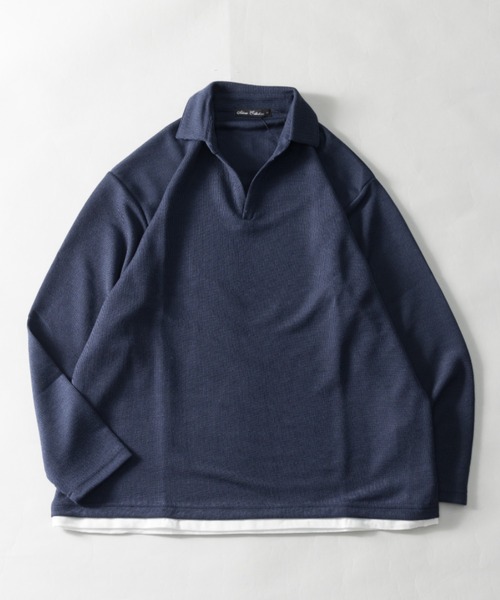 NYLAUS（ナイラス）の「レギュラーフィット 変わり編み フェイクレイヤード スキッパーポロシャツ（ポロシャツ・メンズ・ブルーグレー/ベージュ/チャコール/ネイビー・L/LL/M）」の4枚目の写真