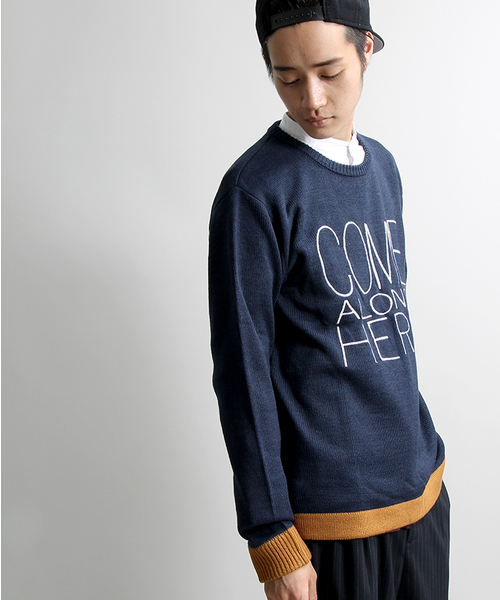 WEGO（ウィゴー）の「WEGO/配色ロゴ刺繍ニット（ニット/セーター・メンズ・ワイン/ネイビー/オフホワイト/ブラック・MEDIUM/LARGE）」の3枚目の写真