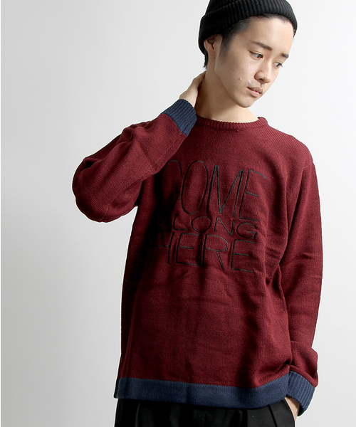 WEGO（ウィゴー）の「WEGO/配色ロゴ刺繍ニット（ニット/セーター・メンズ・ワイン/ネイビー/オフホワイト/ブラック・MEDIUM/LARGE）」の4枚目の写真