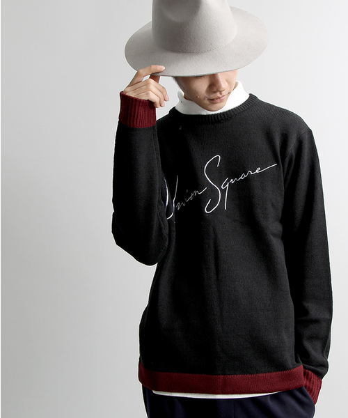 WEGO（ウィゴー）の「WEGO/配色ロゴ刺繍ニット（ニット/セーター・メンズ・ワイン/ネイビー/オフホワイト/ブラック・MEDIUM/LARGE）」の2枚目の写真