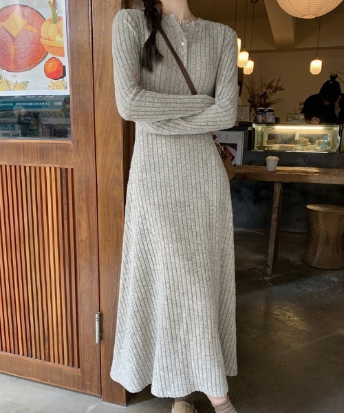 ECLIN（エクラン）の「2024AW新作ヘンリーネックAラインリブワンピース（Tシャツ/カットソー・レディース・チャコールグレー/ミックスグレー・FREE）」の9枚目の写真