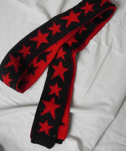 Port（ポート）の「【 antique andico / アンティーク アンディコ 】 バイカラー ジャガード ニット スター スリム マフラー / ストール #_（マフラー・レディース・ブラック/ブラック×レッド/ライトブルー/ブルー・FREE）」の3枚目の写真