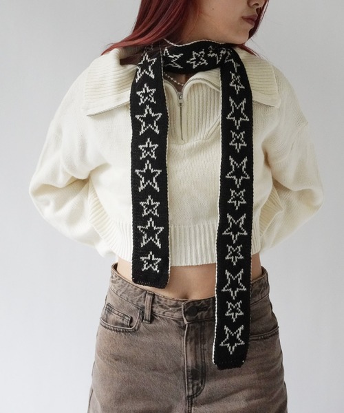 Port（ポート）の「【 antique andico / アンティーク アンディコ 】 バイカラー ジャガード ニット スター スリム マフラー / ストール #_（マフラー・レディース・ブラック/ブラック×レッド/ライトブルー/ブルー・FREE）」の14枚目の写真