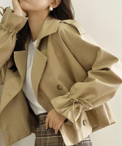 リボンスリーブショート丈トレンチコート（ノーカラーコート）｜deux amour（ドゥーザムール）