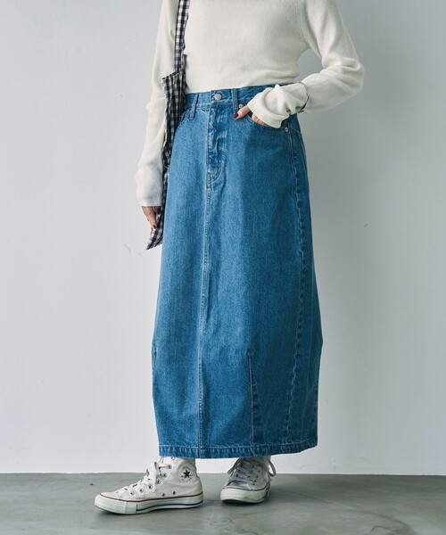 coen（コーエン）の「カーブデニムスカート（デニムスカート・レディース・ダークグレー/コバルトブルー・M/L）」の3枚目の写真
